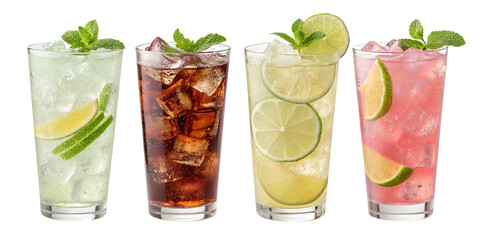 Four different summer drinks, each with a unique flavor like, lemonade, coke, orange, citrus infused lemon slices with ice cubes and mints on top.
