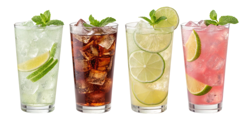 Four different summer drinks, each with a unique flavor like, lemonade, coke, orange, citrus infused lemon slices with ice cubes and mints on top.
