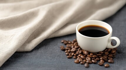 Obraz premium A steaming cup of coffee surrounded by roasted beans on a textured surface with fabric