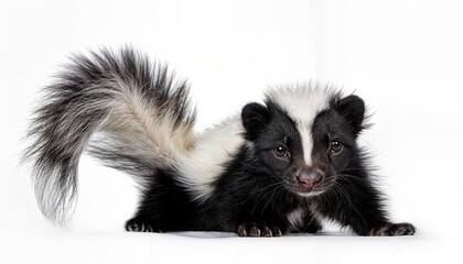 Black and White Baby Skunk Relaxing with Upright Tail in Natural Habitat, Showcasing Textured Fur and Wild Charm, Perfect for Wildlife Art or Design Inspiration.