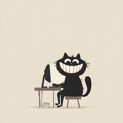 Black cat sitting at a desk working on a laptop in an office setting