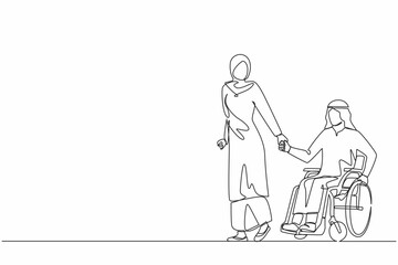 Continuous one line drawing Arabian wife walk the park with disabled husband, man on wheelchair. Assistance in rehabilitation of disabled person. Lovely couple. Single line draw design vector graphic