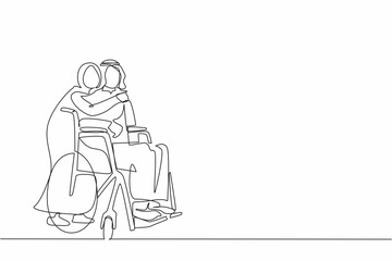 Single one line drawing Arabic man in wheelchair after car accident and his wife to give encouragement. Mutual care has made people with disabilities equality in society. Continuous line design vector