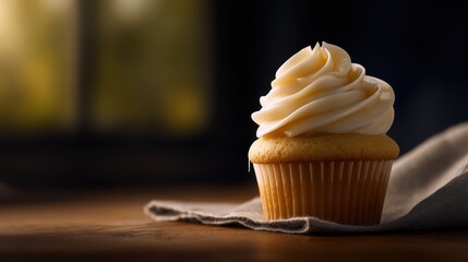 Delicious vanilla cupcake with creamy frosting on a rustic table, soft light from window