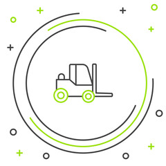 Line Forklift truck icon isolated on white background. Fork loader and cardboard box. Cargo delivery, shipping, transportation. Colorful outline concept. Vector