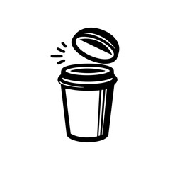 Minimalist black vector logo of a takeaway coffee cup with its lid popped off. Stylish vector illustration of a disposable coffee cup with lid for café branding.



