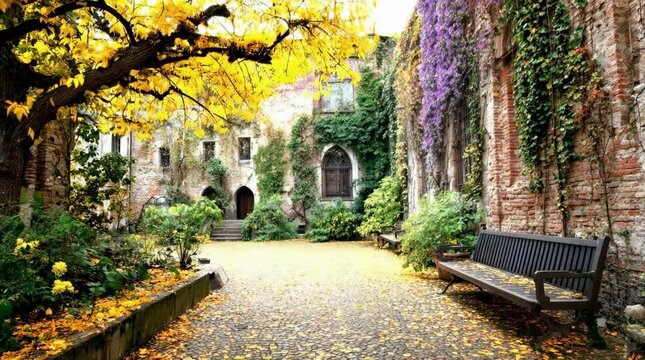 The backyard of an old building in autumn colors.