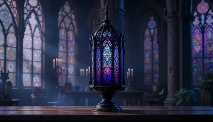 Gothic stained glass lamp diy diamond painting kit, deep violet and midnight blue, intricate cathedral patterns, shadowed dramatic lighting, ancient mystery, dark academia,  haunting"