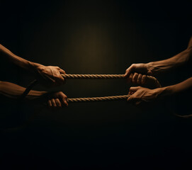 Two pairs of hands intensely pulling ropes in a dim, moody atmosphere, conveying dramatic struggle, power clash, and symbolic confrontation.