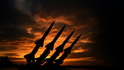 Four rockets silhouetted against a dramatic sunset sky, symbolizing military power and global tension in a striking visual.