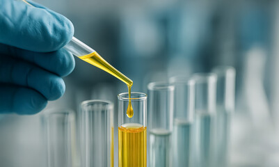 Yellow solution dripping from a pipette into test tubes in a laboratory environment, showcasing scientific precision and laboratory technique.