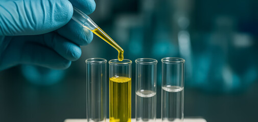 Close-up of a gloved hand using pipette to drop yellow liquid into test tubes, representing scientific analysis and chemical precision in lab work.