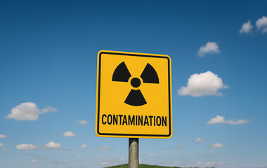 Radiation warning sign against a clear blue sky with scattered clouds, conveying a strong environmental hazard message in an open outdoor setting.