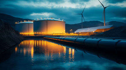 Modern energy facility featuring large storage tanks, wind turbines, and reflective water dusk, showcasing sustainable energy