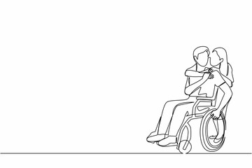 Single one line drawing man in wheelchair after car accident and his wife to give encouragement. Mutual care has made people with disabilities equality in society. Continuous line draw design vector