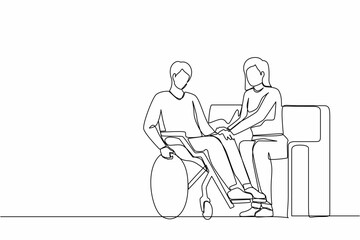 Single one line drawing couple at home with disability man in wheelchair holding hands with woman sitting on sofa. Assistance rehabilitation of disabled person. Continuous line design graphic vector