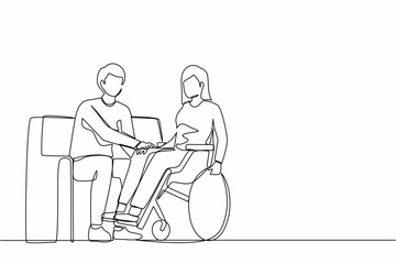 Single continuous line drawing couple at home with disability woman in wheelchair holding hands with man sitting on sofa. Assistance rehabilitation of disabled person. One line graphic design vector