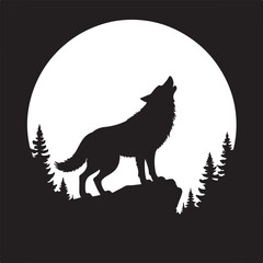 Silhouette of a lone wolf howling at the moon in a tranquil forest scene