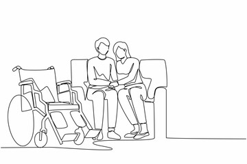 Continuous one line drawing woman comforting injured disabled husband tell diagnosis help with disability problem talk, holding hands with wheelchair at home. Single line draw design vector graphic