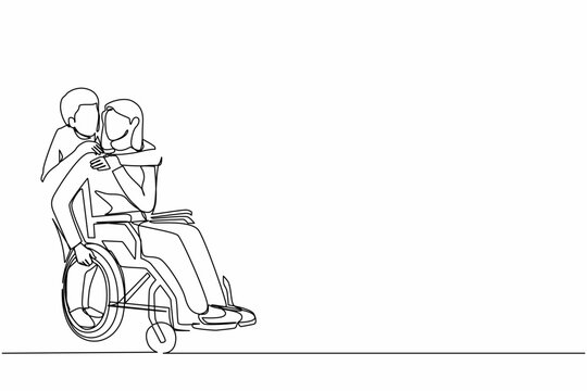 Single continuous line drawing woman in wheelchair after car accident and her husband to give encouragement. Mutual care has made people with disabilities equality in society. One line design vector