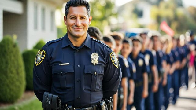 A smiling police officer stands proudly in front of a training group.