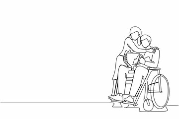 Single continuous line drawing disability man on wheelchair with trophy cup sharing his joy from achievements and victory with his wife. Disabled people success in sport. One line draw design vector
