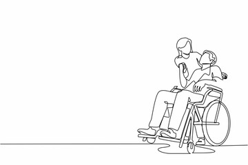 Single one line drawing wife embracing disabled husband sitting on wheelchair. Couple looking at each other with love. Woman holding hands of disable man. Continuous line draw design graphic vector