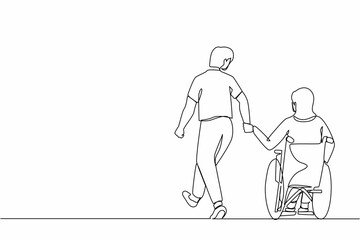Continuous one line drawing back view man with his beloved disabled wife on wheelchair is taking stroll. Young woman with physical disability and her husband outdoors. Single line draw design vector