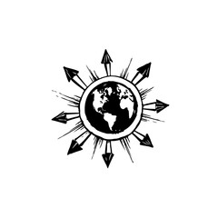 Global Impact: Black and White Earth Illustration with Radiating Arrows Symbolizing Influence