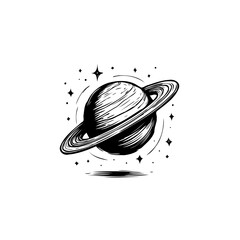 Detailed black and white line art illustration of Saturn and surrounding stars © LgsDesign