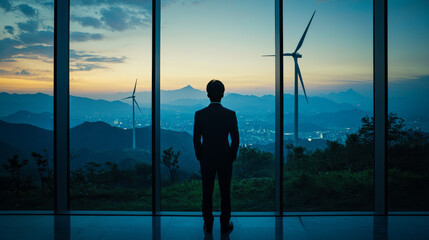 Renewable energy engineer stands modern office, gazing wind turbines against sunset backdrop, reflecting sustainability