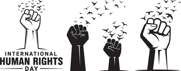 International Human Rights Day Vector Silhouette with Raised Fists and Flying Birds