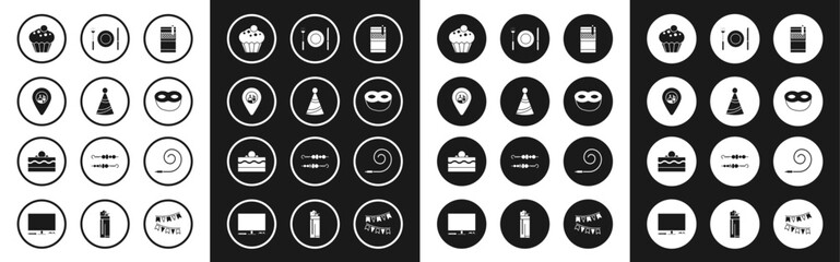Set Open cigarettes pack box, Party hat, Alcohol or beer bar location, Muffin, Festive mask, Plate, fork and knife, Birthday party horn and Cake icon. Vector