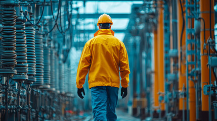 Technician yellow jacket walks through high voltage facility, surrounded by electrical equipment and power lines
