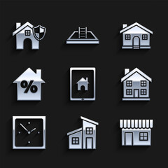 Set Tablet and smart home, House, Shopping building or market store, Home symbol, Clock, with percant discount tag, and shield icon. Vector