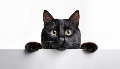Mysterious Black Cat Peeking over White Sign Board on Transparent Background Playful Felinity Contrasted against Minimalist Backdrop, Hiding from Vibrant White Light