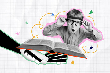 3D collage design composite artwork sketch of robot hand hold open book young boy shocked study...