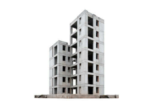 Construction site display of an unfinished concrete building structure on transparent background, PNG