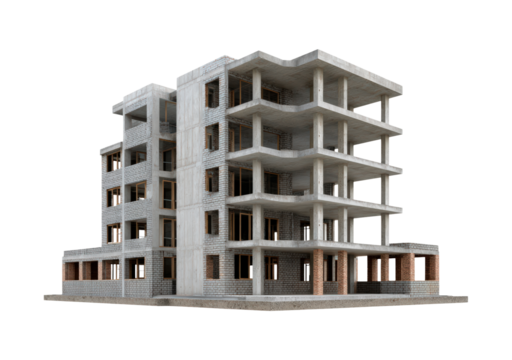 Construction site display of an unfinished concrete building structure on transparent background, PNG