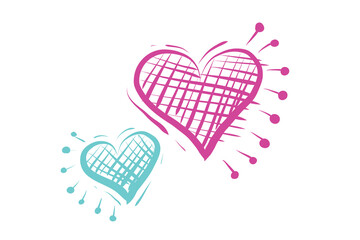 Hand Drawn Vector Creative Doodle Heart Design Element. Isolated on White Background. Magenta, Blue and Purple Neon Colors Sketch Design. Hand drawn style illustration. love heart symbol.