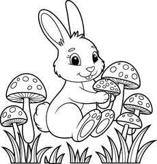 Adorable bunny rabbit gathering mushrooms coloring page