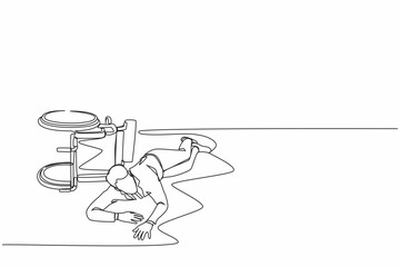 Single continuous line drawing businessman fell off wheelchair sitting on floor. Disabled man patient accident falling down and crawling for help in hospital room. One line draw graphic design vector