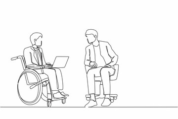 Single one line drawing employee with disabilities and inclusion work together in office. Disabled people on wheelchair with coworker sit communicate using laptop. Continuous line draw design vector