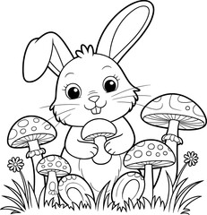 Adorable bunny rabbit holding mushroom among fungi