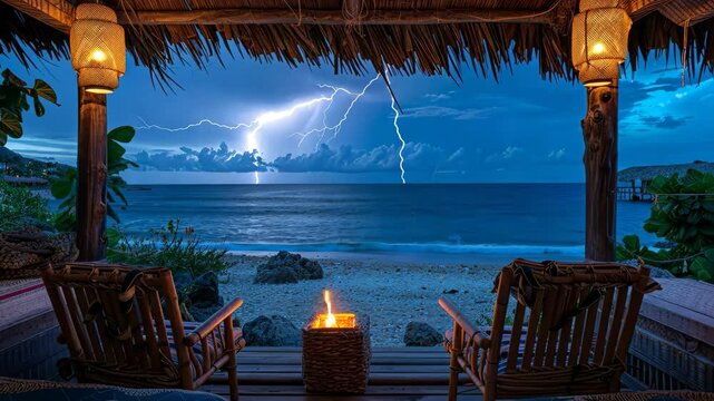 Relaxing beachside view with lightning storm illuminating the night sky