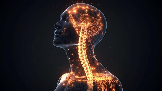 Digital representation of a human silhouette showcasing the nervous system with glowing elements