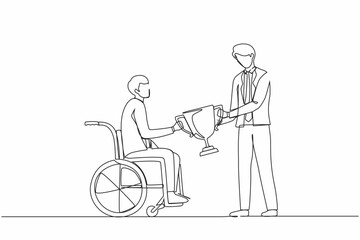 Single one line drawing presenting prize to businessman in wheelchair. Disabled man on wheelchair with trophy cup sharing his joy from achievements and victory. Continuous line draw design vector