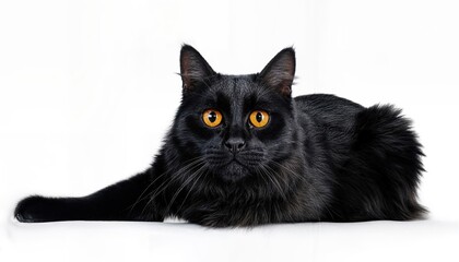Striking Black Feline with Vivid Yellow Eyes Set Against a Pure White Backdrop, Showcasing Sharp Contrasts and the Majesty of Natures Mystical Creatures.
