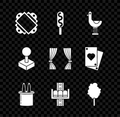 Set Ticket, Corn dog, Riding kid duck, Magician hat and rabbit ears, Attraction carousel, Cotton candy, Joystick for arcade machine and Curtain icon. Vector