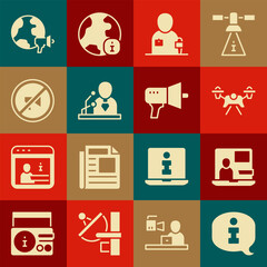 Set Information, World news, Drone, Journalist, Breaking, Censored stamp, and Megaphone icon. Vector